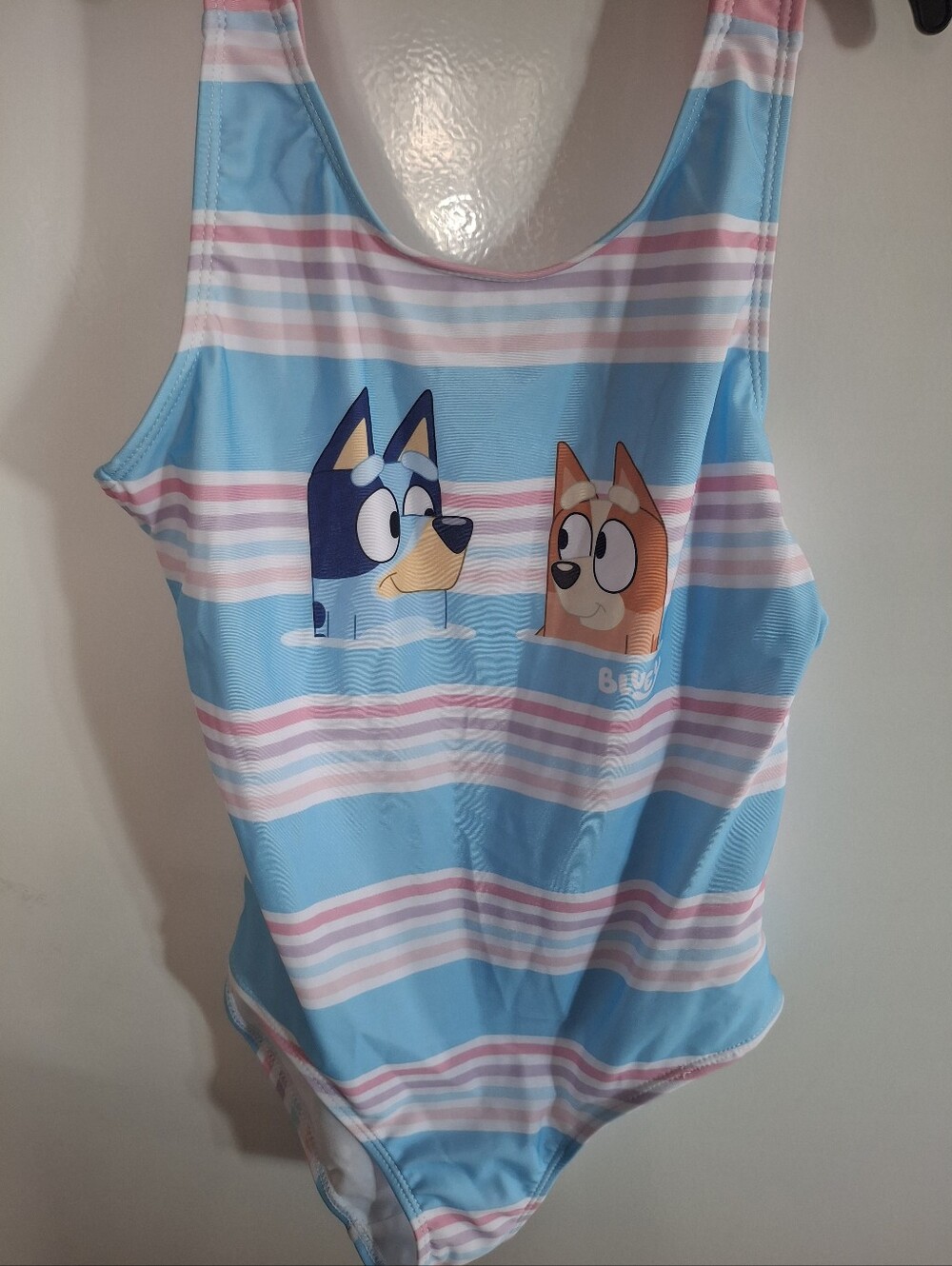 Light Blue & Pink Striped Kids' Bluey One-Piece Swim Suit.